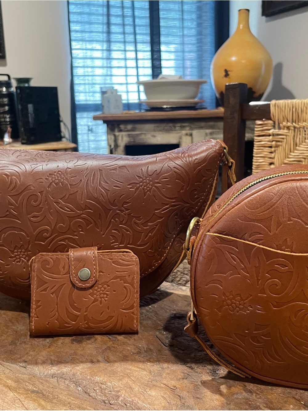 Portland Leather Brown Embossed Crossbody Bag Set